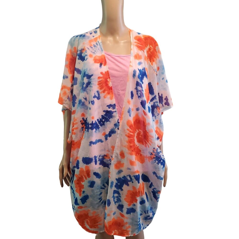 Culturefly One Size Blue Orange White Sheer Polyester Kimono Cardigan Festival